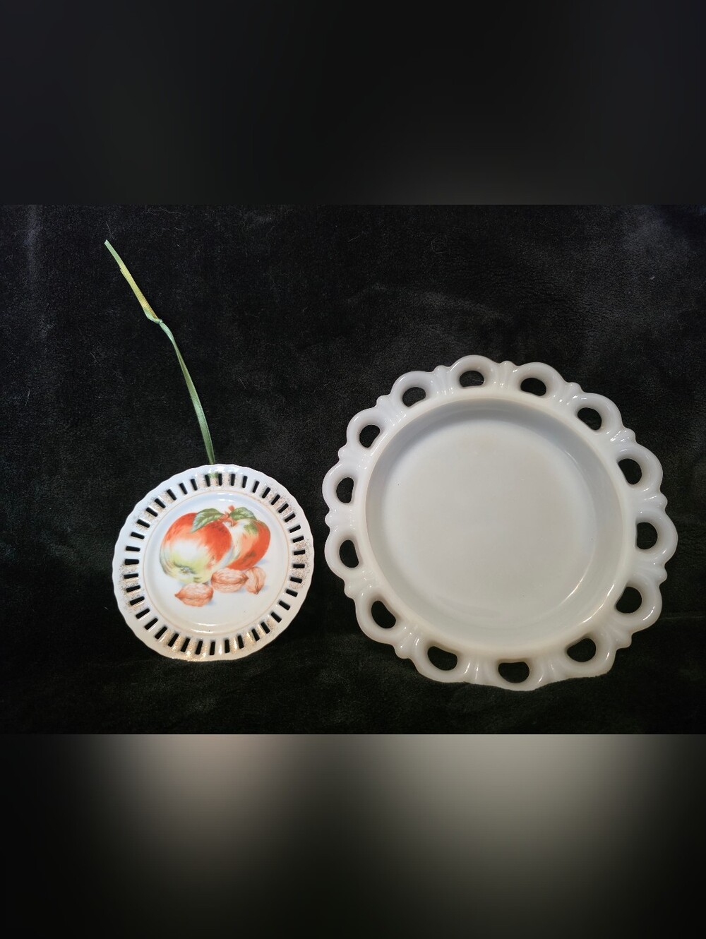 Anchor Hocking Old Colony Lace Edge Milk Glass Plate & Handpainted Fruit Plate